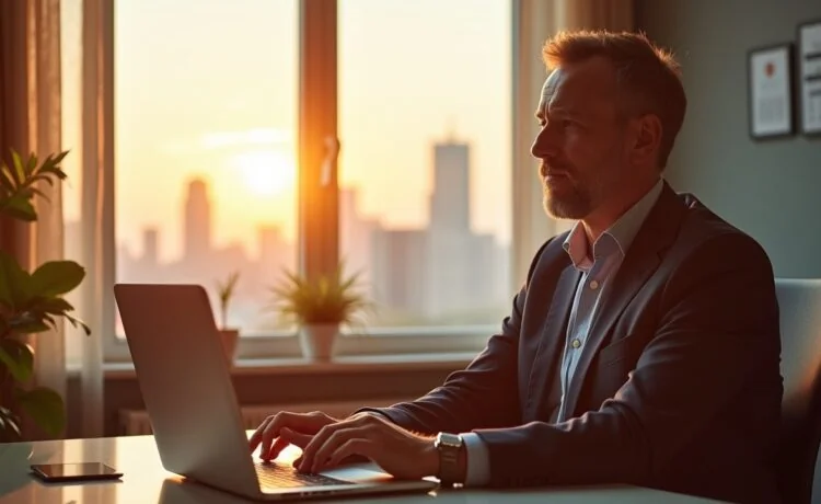 Eine strahlende Büro-Szene mit einem aufgeschlossenen Investor, der vor einem großen Fenster mit Blick auf den Himmel und stilvoll arrangierten Raumfahrtrequisiten sitzt, umgeben von warmem Tageslicht, das eine Atmosphäre von Inspiration, Zukunftsvision und unternehmerischem Optimismus schafft.