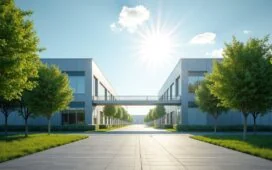 Ein strahlend sonniger Morgen zeigt das moderne, minimalistische Eingangsportal eines unterirdischen Rechenzentrums, umgeben von saftig grünen Bäumen und einer klaren blauen Himmelkulisse, die den zukunftsweisenden, nachhaltigen Fortschritt der IT-Infrastruktur in harmonischer Naturverbundenheit widerspiegelt.