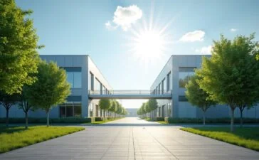 Ein strahlend sonniger Morgen zeigt das moderne, minimalistische Eingangsportal eines unterirdischen Rechenzentrums, umgeben von saftig grünen Bäumen und einer klaren blauen Himmelkulisse, die den zukunftsweisenden, nachhaltigen Fortschritt der IT-Infrastruktur in harmonischer Naturverbundenheit widerspiegelt.