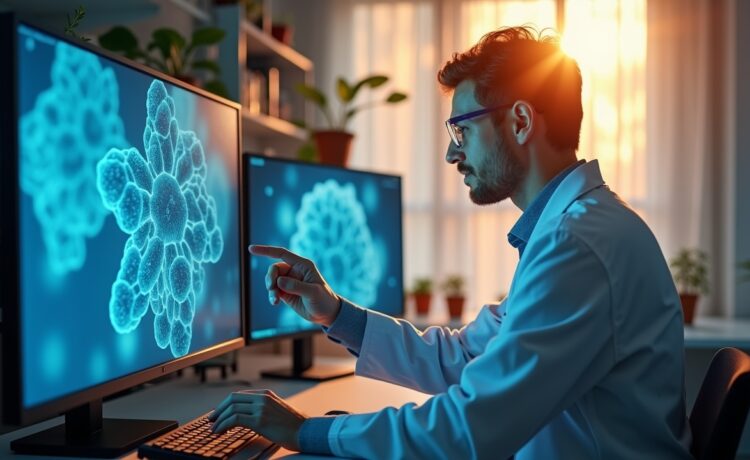 Ein hell erleuchtetes Labor mit einem konzentrierten Wissenschaftler, der im natürlichen Tageslicht vor einem modernen Bildschirm komplexe Zellstrukturen analysiert, während warme Sonnenstrahlen durch große Fenster fallen und die Atmosphäre von Fortschritt und Hoffnung durchdringen.