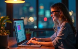 Eine helle, warm beleuchtete Szene in einem modernen Büro, in der eine lächelnde junge Frau entspannt vor einem Laptop sitzt und auf dem Bildschirm einen farbenfrohen Jahresrückblick mit persönlichen Daten betrachtet, umgeben von natürlich einfallendem Tageslicht und dezenten technologischen Details, die eine Verbindung zwischen Mensch und KI symbolisieren.