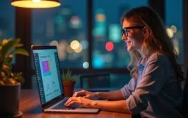 Eine helle, warm beleuchtete Szene in einem modernen Büro, in der eine lächelnde junge Frau entspannt vor einem Laptop sitzt und auf dem Bildschirm einen farbenfrohen Jahresrückblick mit persönlichen Daten betrachtet, umgeben von natürlich einfallendem Tageslicht und dezenten technologischen Details, die eine Verbindung zwischen Mensch und KI symbolisieren.