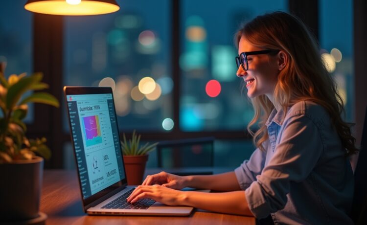 Eine helle, warm beleuchtete Szene in einem modernen Büro, in der eine lächelnde junge Frau entspannt vor einem Laptop sitzt und auf dem Bildschirm einen farbenfrohen Jahresrückblick mit persönlichen Daten betrachtet, umgeben von natürlich einfallendem Tageslicht und dezenten technologischen Details, die eine Verbindung zwischen Mensch und KI symbolisieren.