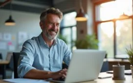 Ein modernes, hell erleuchtetes Büro mit natürlichem Tageslicht, in dem ein sympathisch lächelnder Mann mittleren Alters konzentriert an einem Laptop arbeitet, umgeben von Skizzen, Notizen und dezenten technischen Geräten, die eine Atmosphäre von kreativer Innovationskraft und zukunftsweisender KI-Entwicklung ausstrahlen.