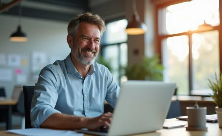Ein modernes, hell erleuchtetes Büro mit natürlichem Tageslicht, in dem ein sympathisch lächelnder Mann mittleren Alters konzentriert an einem Laptop arbeitet, umgeben von Skizzen, Notizen und dezenten technischen Geräten, die eine Atmosphäre von kreativer Innovationskraft und zukunftsweisender KI-Entwicklung ausstrahlen.
