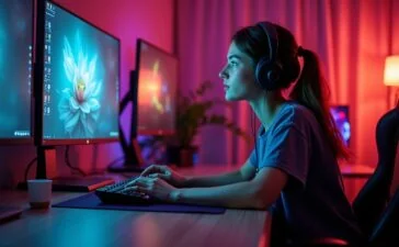 Ein lebendig ausgeleuchteter, moderner Gaming-Schreibtisch mit einem futuristischen Mauspad und einer eleganten Gaming-Maus, umgeben von warmen Tageslichtstrahlen, die eine aufmerksame junge Person in entspannter Pose beim konzentrierten Blick auf den Bildschirm zeigen, während subtile technische Geräte im Hintergrund eine Atmosphäre von Innovation und digitaler Revolution vermitteln.