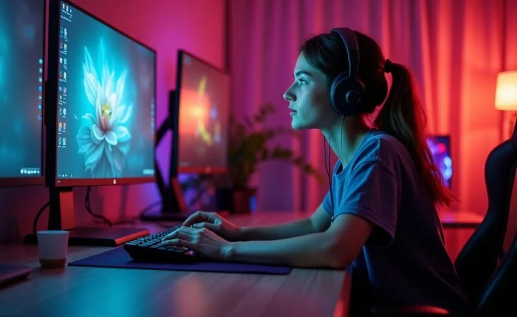 Ein lebendig ausgeleuchteter, moderner Gaming-Schreibtisch mit einem futuristischen Mauspad und einer eleganten Gaming-Maus, umgeben von warmen Tageslichtstrahlen, die eine aufmerksame junge Person in entspannter Pose beim konzentrierten Blick auf den Bildschirm zeigen, während subtile technische Geräte im Hintergrund eine Atmosphäre von Innovation und digitaler Revolution vermitteln.