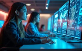 Ein hell erleuchtetes, modernes Büro mit freundlicher Atmosphäre, in dem ein vielseitiges Team junger asiatischer Technologieexperten konzentriert an Computern, mit holografischen KI-Daten und digitalem Interface im Hintergrund, zusammenarbeitet und so Chinas dynamischen Fortschritt in künstlicher Intelligenz lebendig widerspiegelt.