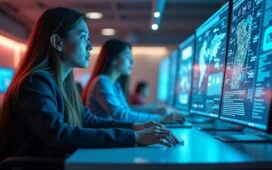 Ein hell erleuchtetes, modernes Büro mit freundlicher Atmosphäre, in dem ein vielseitiges Team junger asiatischer Technologieexperten konzentriert an Computern, mit holografischen KI-Daten und digitalem Interface im Hintergrund, zusammenarbeitet und so Chinas dynamischen Fortschritt in künstlicher Intelligenz lebendig widerspiegelt.