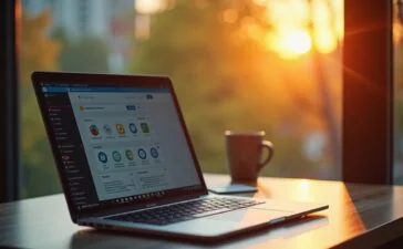Ein hell erleuchteter, moderner Arbeitsplatz mit einem Laptop, auf dessen Bildschirm ein Browserfenster mit diversen Tabs zu sehen ist, während die warme Nachmittagssonne sanft durchs Fenster fällt und eine einladende Atmosphäre von Vertrauen und digitaler Vorsicht schafft.