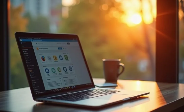 Ein hell erleuchteter, moderner Arbeitsplatz mit einem Laptop, auf dessen Bildschirm ein Browserfenster mit diversen Tabs zu sehen ist, während die warme Nachmittagssonne sanft durchs Fenster fällt und eine einladende Atmosphäre von Vertrauen und digitaler Vorsicht schafft.
