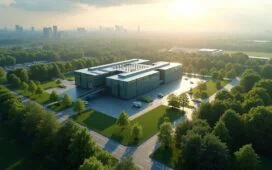 Sonnenbeschienene Luftaufnahme des modernen Industrieparks Frankfurt Höchst mit einem imposanten, gläsernen Rechenzentrum im Mittelpunkt, umgeben von grünen Baumreihen und leichtem Dunst über der Stadt, die zukunftsweisende Technologie, wirtschaftliche Dynamik und nachhaltige Entwicklung in harmonischer Balance ausstrahlt.