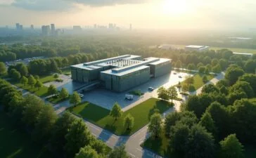 Sonnenbeschienene Luftaufnahme des modernen Industrieparks Frankfurt Höchst mit einem imposanten, gläsernen Rechenzentrum im Mittelpunkt, umgeben von grünen Baumreihen und leichtem Dunst über der Stadt, die zukunftsweisende Technologie, wirtschaftliche Dynamik und nachhaltige Entwicklung in harmonischer Balance ausstrahlt.