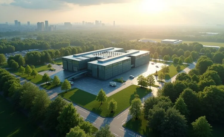 Sonnenbeschienene Luftaufnahme des modernen Industrieparks Frankfurt Höchst mit einem imposanten, gläsernen Rechenzentrum im Mittelpunkt, umgeben von grünen Baumreihen und leichtem Dunst über der Stadt, die zukunftsweisende Technologie, wirtschaftliche Dynamik und nachhaltige Entwicklung in harmonischer Balance ausstrahlt.