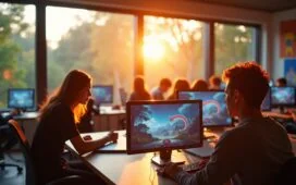 Ein lichtdurchflutetes, modernes Entwicklerstudio mit freundlicher Atmosphäre, in dem ein junges, vielfältiges Team konzentriert um helle Bildschirme sitzt und in lebhaften Diskussionen über digitale Spielwelten und KI-gestützte Kreativität vertieft ist, während natürliche Sonnenstrahlen durch große Fenster fallen und Wärme sowie Hoffnung auf eine innovative Zukunft ausstrahlen.