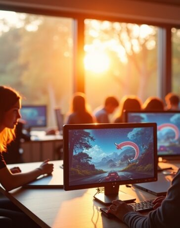 Ein lichtdurchflutetes, modernes Entwicklerstudio mit freundlicher Atmosphäre, in dem ein junges, vielfältiges Team konzentriert um helle Bildschirme sitzt und in lebhaften Diskussionen über digitale Spielwelten und KI-gestützte Kreativität vertieft ist, während natürliche Sonnenstrahlen durch große Fenster fallen und Wärme sowie Hoffnung auf eine innovative Zukunft ausstrahlen.