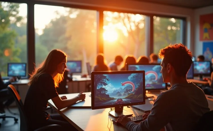 Ein lichtdurchflutetes, modernes Entwicklerstudio mit freundlicher Atmosphäre, in dem ein junges, vielfältiges Team konzentriert um helle Bildschirme sitzt und in lebhaften Diskussionen über digitale Spielwelten und KI-gestützte Kreativität vertieft ist, während natürliche Sonnenstrahlen durch große Fenster fallen und Wärme sowie Hoffnung auf eine innovative Zukunft ausstrahlen.