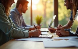 Ein heller, lebendig wirkender Arbeitsplatz mit einem motivierten Team, das in moderner, freundlicher Atmosphäre an der Entwicklung eines konsistenten Corporate-Designs arbeitet – natürliche Lichtstimmung, authentische Details und warme Farben schaffen Vertrauen und zeigen die strategische Kraft visueller Markenführung im digitalen Raum.