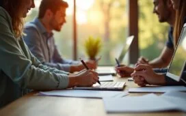 Ein heller, lebendig wirkender Arbeitsplatz mit einem motivierten Team, das in moderner, freundlicher Atmosphäre an der Entwicklung eines konsistenten Corporate-Designs arbeitet – natürliche Lichtstimmung, authentische Details und warme Farben schaffen Vertrauen und zeigen die strategische Kraft visueller Markenführung im digitalen Raum.