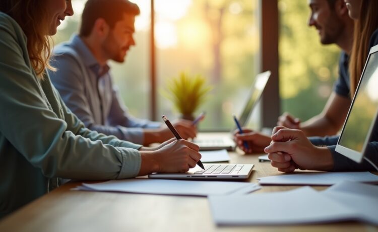 Ein heller, lebendig wirkender Arbeitsplatz mit einem motivierten Team, das in moderner, freundlicher Atmosphäre an der Entwicklung eines konsistenten Corporate-Designs arbeitet – natürliche Lichtstimmung, authentische Details und warme Farben schaffen Vertrauen und zeigen die strategische Kraft visueller Markenführung im digitalen Raum.