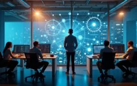 Ein hell erleuchtetes, modernes Büro mit souverän konzentrierten IT-Experten verschiedener Herkunft, die vor großen Bildschirmen mit komplexen Grafiken und Netzwerktopologien sitzen, während sanftes Tageslicht durch bodentiefe Fenster fällt und eine Atmosphäre von Zuversicht, Zusammenarbeit und digitaler Zukunftsgestaltung schafft.