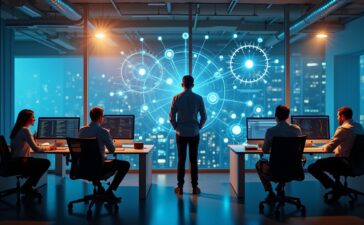 Ein hell erleuchtetes, modernes Büro mit souverän konzentrierten IT-Experten verschiedener Herkunft, die vor großen Bildschirmen mit komplexen Grafiken und Netzwerktopologien sitzen, während sanftes Tageslicht durch bodentiefe Fenster fällt und eine Atmosphäre von Zuversicht, Zusammenarbeit und digitaler Zukunftsgestaltung schafft.