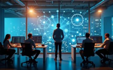 Ein hell erleuchtetes, modernes Büro mit souverän konzentrierten IT-Experten verschiedener Herkunft, die vor großen Bildschirmen mit komplexen Grafiken und Netzwerktopologien sitzen, während sanftes Tageslicht durch bodentiefe Fenster fällt und eine Atmosphäre von Zuversicht, Zusammenarbeit und digitaler Zukunftsgestaltung schafft.