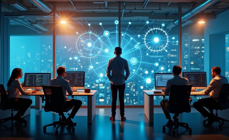 Ein hell erleuchtetes, modernes Büro mit souverän konzentrierten IT-Experten verschiedener Herkunft, die vor großen Bildschirmen mit komplexen Grafiken und Netzwerktopologien sitzen, während sanftes Tageslicht durch bodentiefe Fenster fällt und eine Atmosphäre von Zuversicht, Zusammenarbeit und digitaler Zukunftsgestaltung schafft.