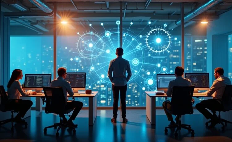 Ein hell erleuchtetes, modernes Büro mit souverän konzentrierten IT-Experten verschiedener Herkunft, die vor großen Bildschirmen mit komplexen Grafiken und Netzwerktopologien sitzen, während sanftes Tageslicht durch bodentiefe Fenster fällt und eine Atmosphäre von Zuversicht, Zusammenarbeit und digitaler Zukunftsgestaltung schafft.