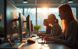 In einem modernen, lichtdurchfluteten Büro stehen konzentrierte Fachleute unterschiedlicher Herkunft zusammen vor Bildschirmen und Tablets, umgeben von natürlichem Tageslicht und warmen Holztönen, während sie engagiert an zukunftsweisenden Cyber-Sicherheitsstrategien für eine digitale, vernetzte Welt arbeiten.