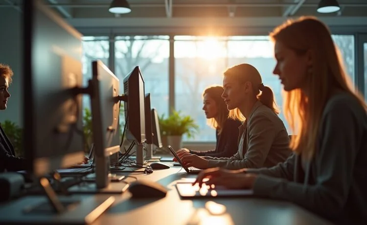 In einem modernen, lichtdurchfluteten Büro stehen konzentrierte Fachleute unterschiedlicher Herkunft zusammen vor Bildschirmen und Tablets, umgeben von natürlichem Tageslicht und warmen Holztönen, während sie engagiert an zukunftsweisenden Cyber-Sicherheitsstrategien für eine digitale, vernetzte Welt arbeiten.