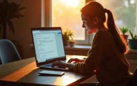 Ein warm beleuchteter, moderner Arbeitsplatz mit einem entspannten Nutzer vor einem hellen Laptopbildschirm, der konzentriert die Sicherheitseinstellungen seines Microsoft-Kontos überprüft, umgeben von Sonnenlicht und natürlicher Wohnraum-Atmosphäre, die Vertrauen und digitale Vorsicht vermittelt.