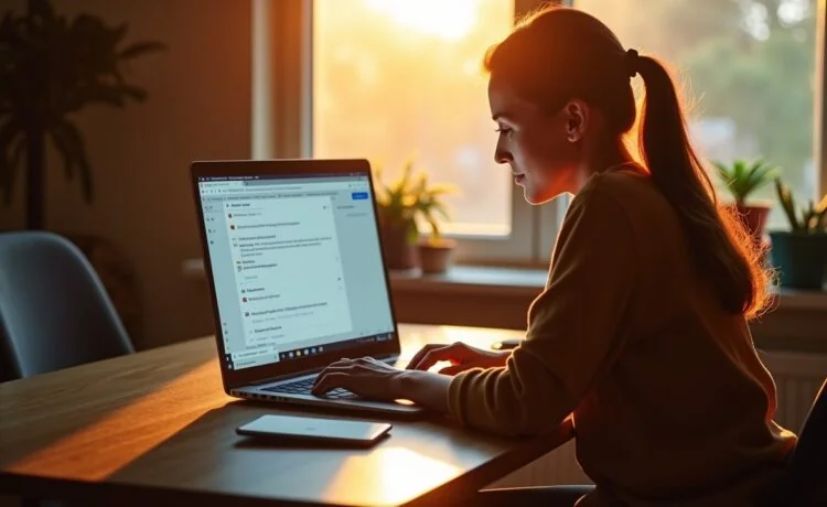 Ein warm beleuchteter, moderner Arbeitsplatz mit einem entspannten Nutzer vor einem hellen Laptopbildschirm, der konzentriert die Sicherheitseinstellungen seines Microsoft-Kontos überprüft, umgeben von Sonnenlicht und natürlicher Wohnraum-Atmosphäre, die Vertrauen und digitale Vorsicht vermittelt.