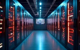 In einem hell erleuchteten, modernen Rechenzentrum verbindet sich die präzise Anordnung leuchtender Serverreihen mit dem sanften Glanz von Kontrollbildschirmen und Kabeln, während technikbegeisterte Fachleute in entspannter Atmosphäre konzentriert Datenströme beobachten – ein warmes, dynamisches Bild von digitaler Vernetzung und der vielschichtigen Herausforderung, IT- und Betriebstechnik sicher und resilient zu integrieren.