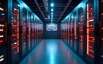 In einem hell erleuchteten, modernen Rechenzentrum verbindet sich die präzise Anordnung leuchtender Serverreihen mit dem sanften Glanz von Kontrollbildschirmen und Kabeln, während technikbegeisterte Fachleute in entspannter Atmosphäre konzentriert Datenströme beobachten – ein warmes, dynamisches Bild von digitaler Vernetzung und der vielschichtigen Herausforderung, IT- und Betriebstechnik sicher und resilient zu integrieren.