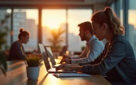 Ein hell erleuchtetes, modernes Büro mit konzentrierten Mitarbeitenden, die in einem freundlichen, warmen Licht an Laptops und digitalen Sicherheitsstrategien arbeiten, vermittelt den entschlossenen Kampf gegen Cyberrisiken im Unternehmensalltag.