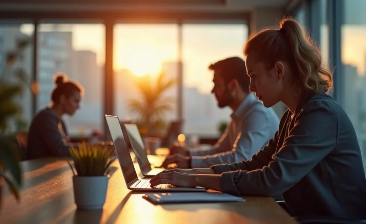 Ein hell erleuchtetes, modernes Büro mit konzentrierten Mitarbeitenden, die in einem freundlichen, warmen Licht an Laptops und digitalen Sicherheitsstrategien arbeiten, vermittelt den entschlossenen Kampf gegen Cyberrisiken im Unternehmensalltag.