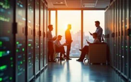 Ein freundliches, hell erleuchtetes Büro mit modernen Server-Racks und mehreren konzentrierten IT-Spezialisten, die in entspannter Atmosphäre gemeinsam komplexe Cybersecurity-Strategien für eine KI-Infrastruktur besprechen, während Sonnenlicht sanft durch große Fenster fällt und Wärme und Hoffnung auf sichere digitale Zukunft verströmt.