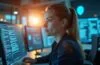 Ein strahlend helles Porträt einer konzentrierten IT-Sicherheitsexpertin in einem modern ausgestatteten Büro, umgeben von digitalen Bildschirmen mit dezenten Codes und Netzwerksymbolen, das durch warmes Tageslicht eine Atmosphäre von Vertrauen, Innovation und technischer Kompetenz vermittelt.