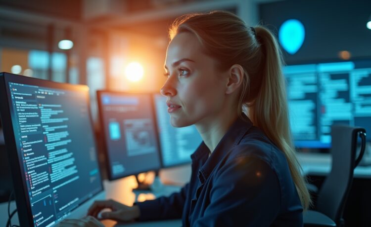 Ein strahlend helles Porträt einer konzentrierten IT-Sicherheitsexpertin in einem modern ausgestatteten Büro, umgeben von digitalen Bildschirmen mit dezenten Codes und Netzwerksymbolen, das durch warmes Tageslicht eine Atmosphäre von Vertrauen, Innovation und technischer Kompetenz vermittelt.