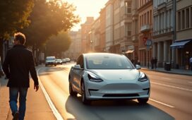 Ein sonnendurchfluteter urbaner Straßenabschnitt mit einem glänzenden, weißen Tesla, dessen Kameras klar erkennbar sind, während Passanten entspannt und achtsam vorbeigehen – ein stimmungsvolles Spiel aus Licht und Schatten vermittelt zugleich technische Präzision und menschliche Nähe im Spannungsfeld von Sicherheit und Datenschutz.