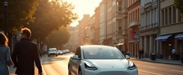 Ein sonnendurchfluteter urbaner Straßenabschnitt mit einem glänzenden, weißen Tesla, dessen Kameras klar erkennbar sind, während Passanten entspannt und achtsam vorbeigehen – ein stimmungsvolles Spiel aus Licht und Schatten vermittelt zugleich technische Präzision und menschliche Nähe im Spannungsfeld von Sicherheit und Datenschutz.