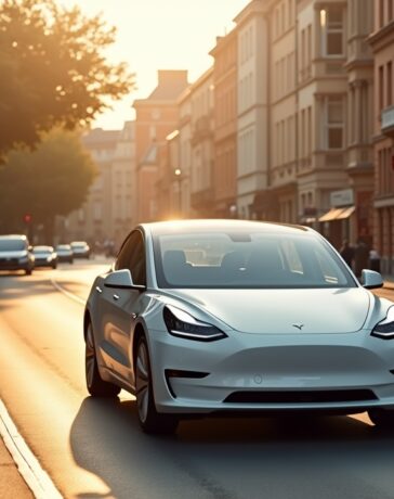 Ein sonnendurchfluteter urbaner Straßenabschnitt mit einem glänzenden, weißen Tesla, dessen Kameras klar erkennbar sind, während Passanten entspannt und achtsam vorbeigehen – ein stimmungsvolles Spiel aus Licht und Schatten vermittelt zugleich technische Präzision und menschliche Nähe im Spannungsfeld von Sicherheit und Datenschutz.