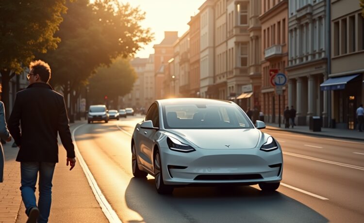 Ein sonnendurchfluteter urbaner Straßenabschnitt mit einem glänzenden, weißen Tesla, dessen Kameras klar erkennbar sind, während Passanten entspannt und achtsam vorbeigehen – ein stimmungsvolles Spiel aus Licht und Schatten vermittelt zugleich technische Präzision und menschliche Nähe im Spannungsfeld von Sicherheit und Datenschutz.