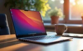 Ein hell erleuchteter, moderner Arbeitsplatz mit einem stilvollen Laptop, auf dessen Bildschirm schemenhaft das Windows-11-Update in lebendigen, warmen Farbtönen zu erkennen ist, während natürliches Tageslicht durch ein großes Fenster fällt und eine Atmosphäre von Innovation, Fortschritt und Einladendheit schafft.