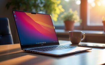 Ein hell erleuchteter, moderner Arbeitsplatz mit einem stilvollen Laptop, auf dessen Bildschirm schemenhaft das Windows-11-Update in lebendigen, warmen Farbtönen zu erkennen ist, während natürliches Tageslicht durch ein großes Fenster fällt und eine Atmosphäre von Innovation, Fortschritt und Einladendheit schafft.