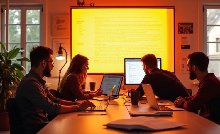 Ein warm erleuchteter, moderner Arbeitsbereich mit einem lächelnden Entwicklerteam, das konzentriert an hellen Bildschirmen mit klar strukturierten Weblayout-Entwürfen arbeitet, umgeben von Notizen, Skizzen und natürlichem Tageslicht, das eine einladende und produktive Atmosphäre schafft.