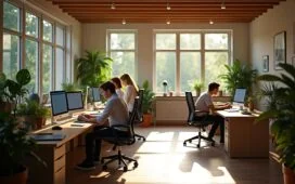 Ein helles, natürlich beleuchtetes Büro mit einem engagierten IT-Team, das konzentriert vor modernen Computern und Quantenhardware sitzt, umgeben von warmen Holztönen und Pflanzen, die die innovative Zukunftstechnologie mit menschlicher Zusammenarbeit und Optimismus verbinden.
