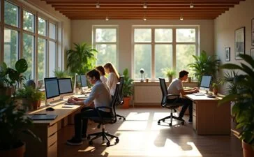 Ein helles, natürlich beleuchtetes Büro mit einem engagierten IT-Team, das konzentriert vor modernen Computern und Quantenhardware sitzt, umgeben von warmen Holztönen und Pflanzen, die die innovative Zukunftstechnologie mit menschlicher Zusammenarbeit und Optimismus verbinden.