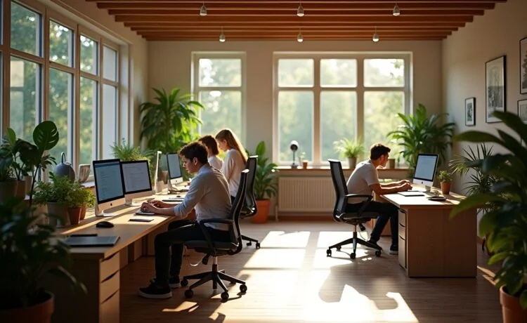 Ein helles, natürlich beleuchtetes Büro mit einem engagierten IT-Team, das konzentriert vor modernen Computern und Quantenhardware sitzt, umgeben von warmen Holztönen und Pflanzen, die die innovative Zukunftstechnologie mit menschlicher Zusammenarbeit und Optimismus verbinden.